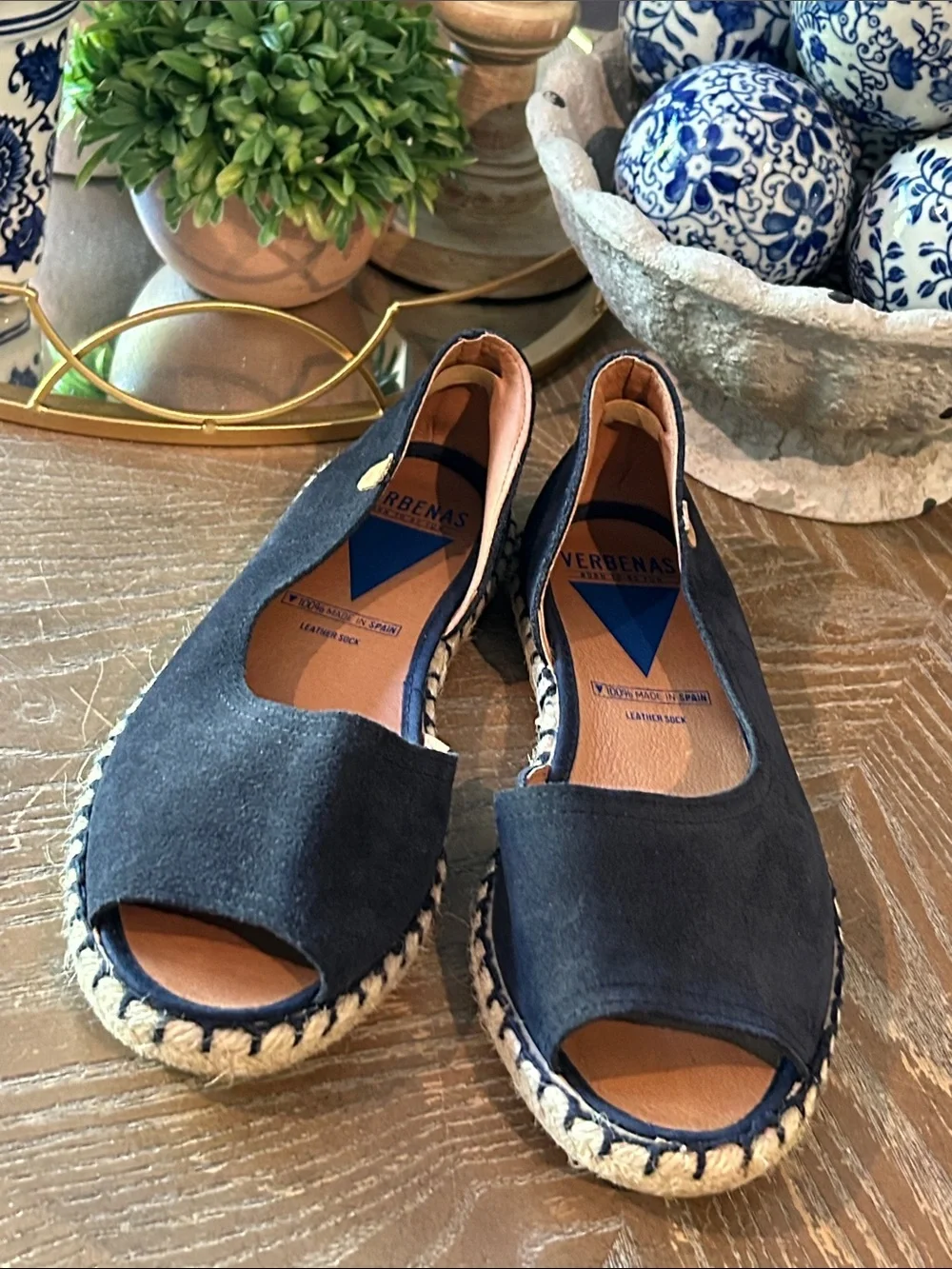 Verbenas Navy Blue Suede Espadrille Peep-Toe Flats Made In Spain size 39 Women